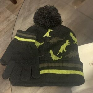 Brand new Kids Dinosaur Knit Hat and Gloves Set - Black and Green
